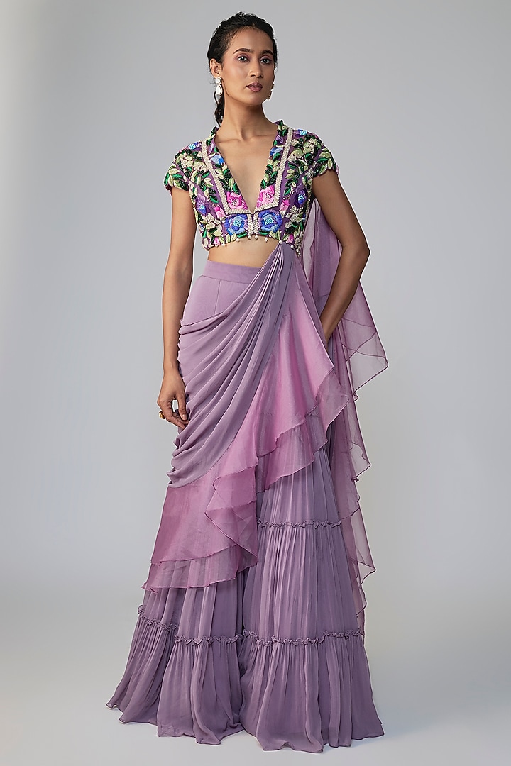 Purple Georgette Pant Wedding Saree Set by Dinesh Malkani at Pernia's Pop Up Shop