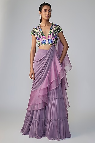 Purple Georgette Pant Saree Set by Dinesh Malkani
