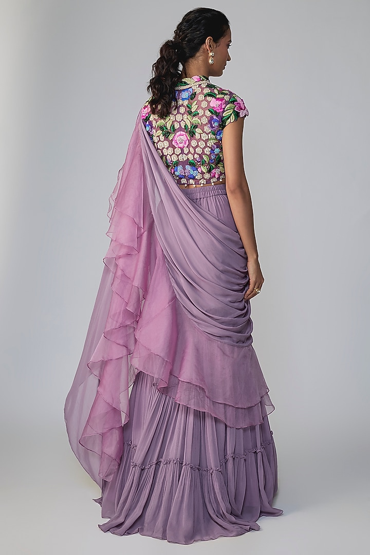 Purple Georgette Pant Wedding Saree Set by Dinesh Malkani at Pernia's Pop Up Shop