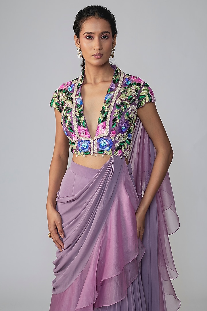 Purple Georgette Pant Wedding Saree Set by Dinesh Malkani at Pernia's Pop Up Shop