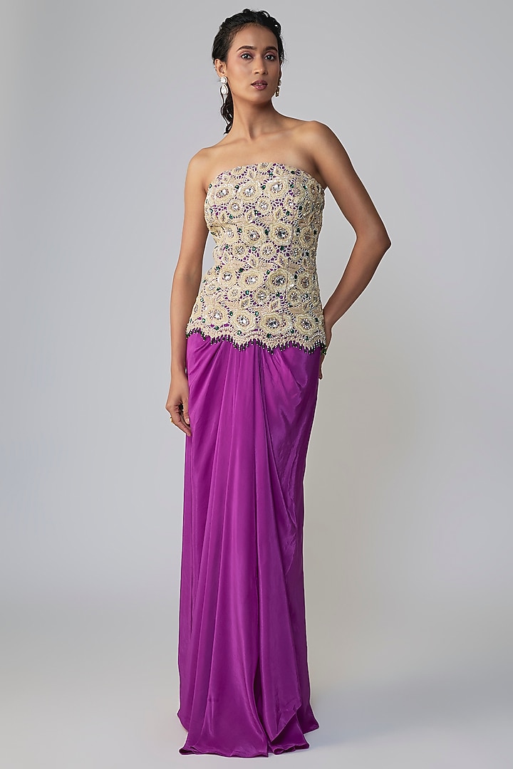 Purple Crepe Cutwork Skirt Wedding Saree Set by Dinesh Malkani at Pernia's Pop Up Shop
