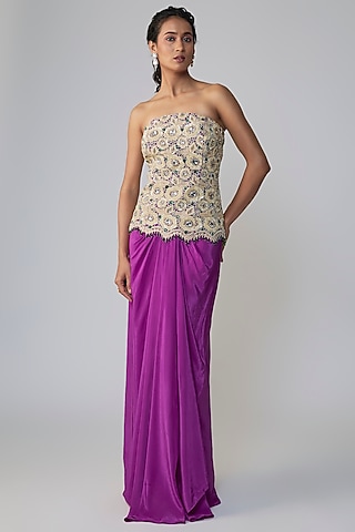 Purple Crepe Cutwork Skirt Saree Set by Dinesh Malkani