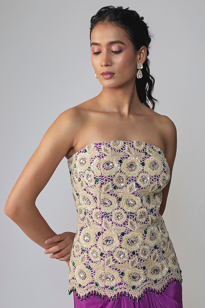 Purple Crepe Cutwork Skirt Wedding Saree Set by Dinesh Malkani at Pernia's Pop Up Shop