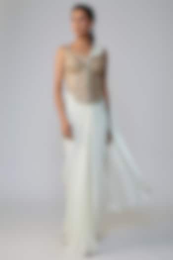 Ivory Organza Silk Draped Wedding Saree Set by Dinesh Malkani at Pernia's Pop Up Shop