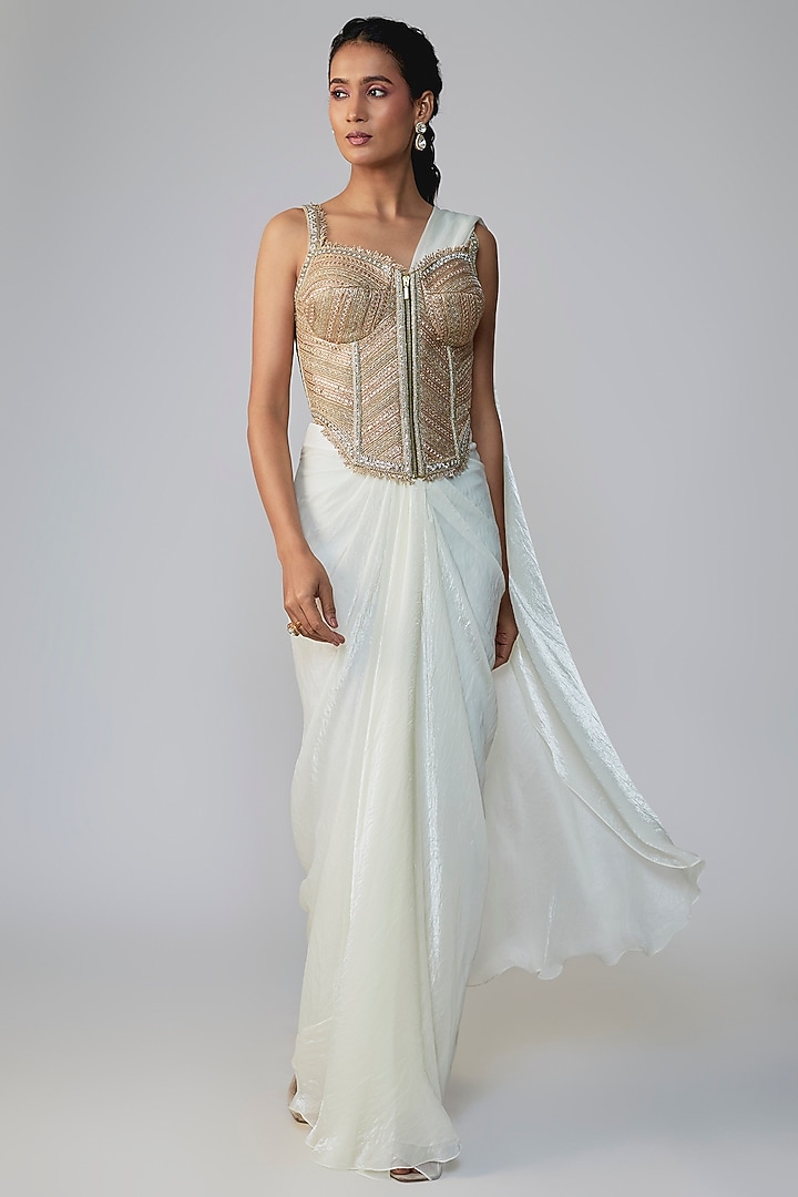 Ivory Organza Silk Draped Wedding Saree Set by Dinesh Malkani at Pernia's Pop Up Shop