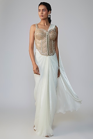 Ivory Organza Silk Draped Saree Set by Dinesh Malkani