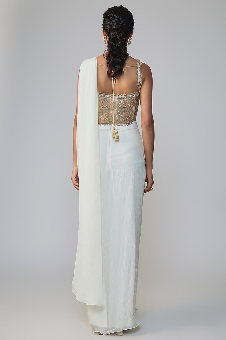 Ivory Organza Silk Draped Wedding Saree Set by Dinesh Malkani at Pernia's Pop Up Shop