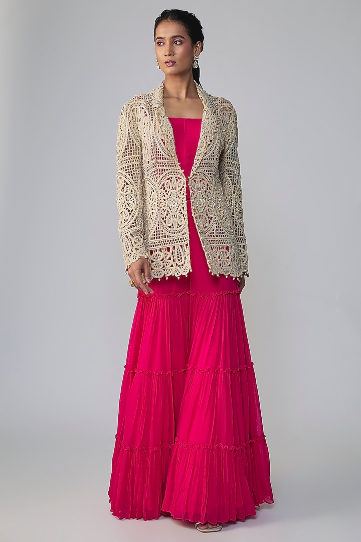 Pink Georgette Cutwork Wedding Sharara Set by Dinesh Malkani at Pernia's Pop Up Shop