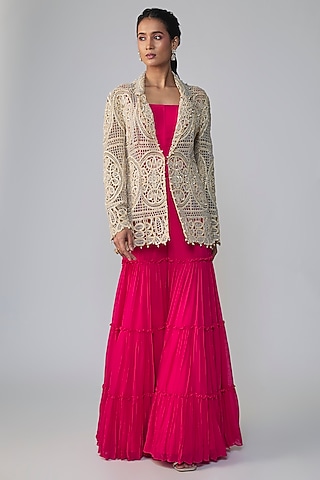 Pink Georgette Cutwork Sharara Set by Dinesh Malkani