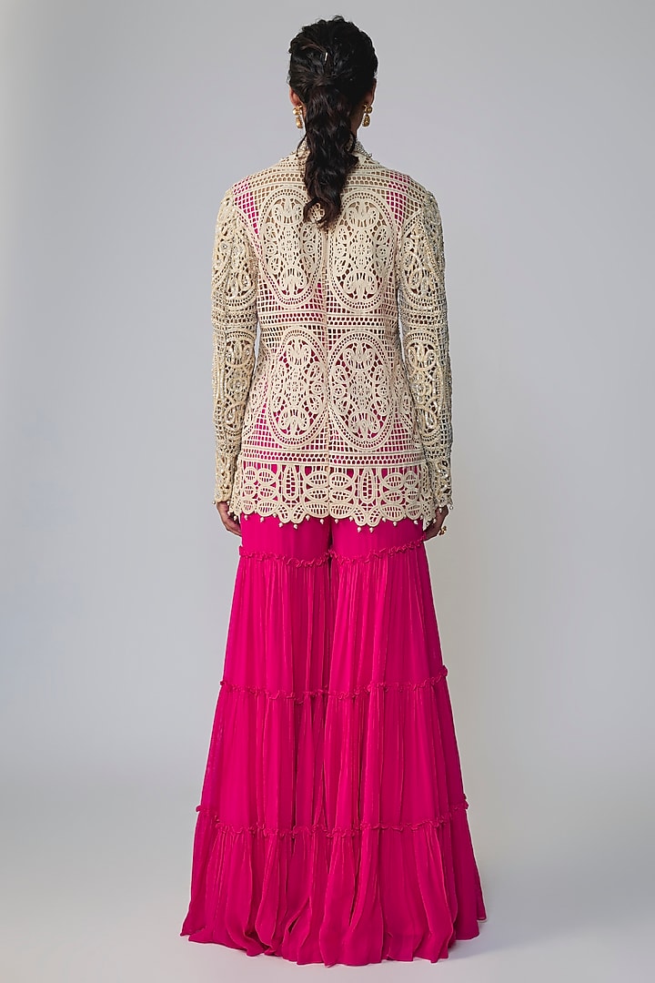 Pink Georgette Cutwork Wedding Sharara Set by Dinesh Malkani at Pernia's Pop Up Shop