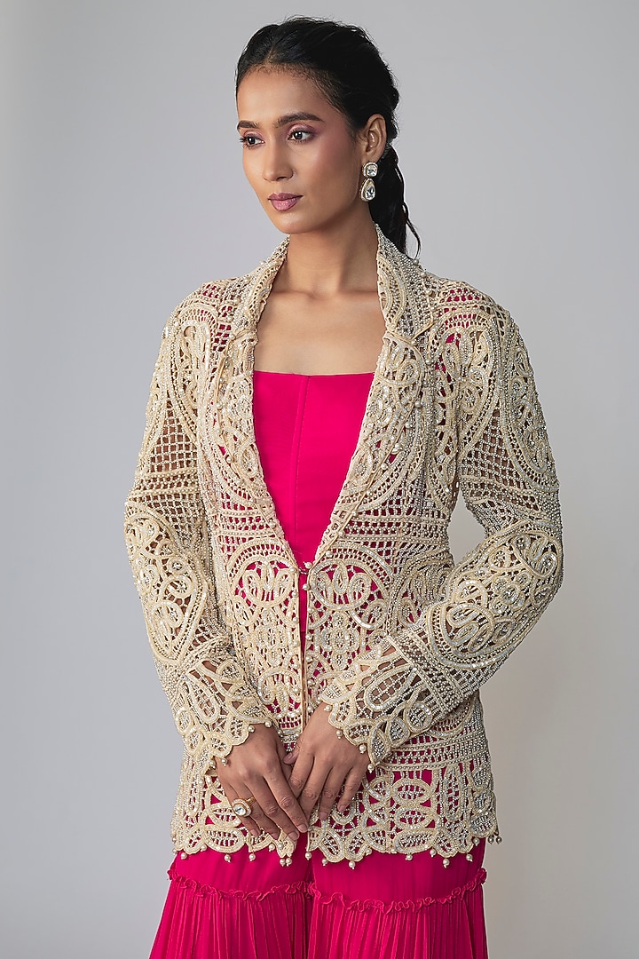 Pink Georgette Cutwork Wedding Sharara Set by Dinesh Malkani at Pernia's Pop Up Shop