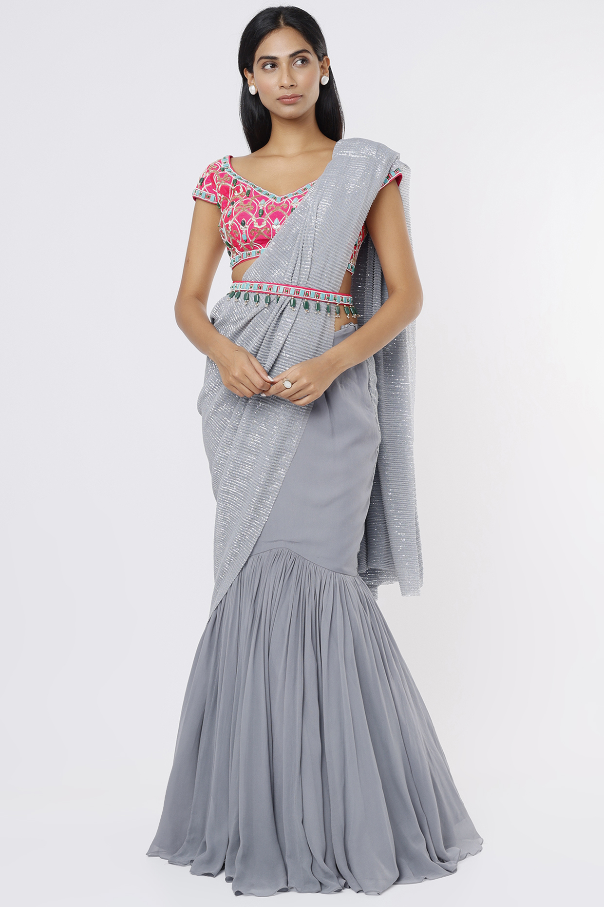 Grey Sequinned Fish Skirt Wedding Saree Set by Dinesh Malkani at Pernia's Pop Up Shop