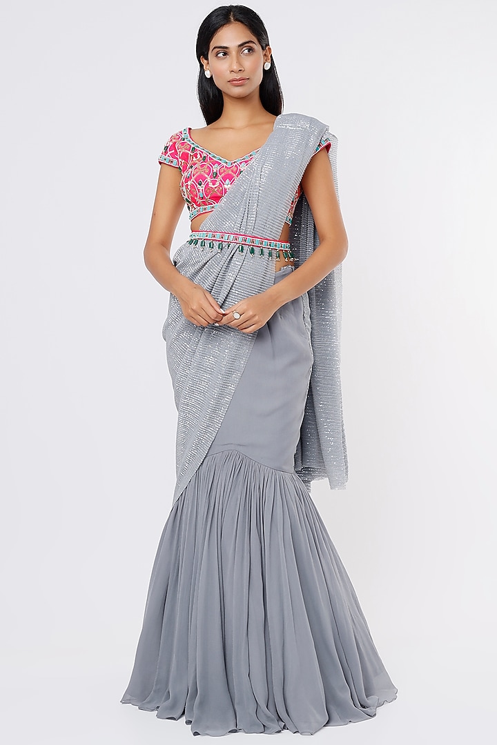 Grey Sequinned Fish Skirt Saree Set by Dinesh Malkani