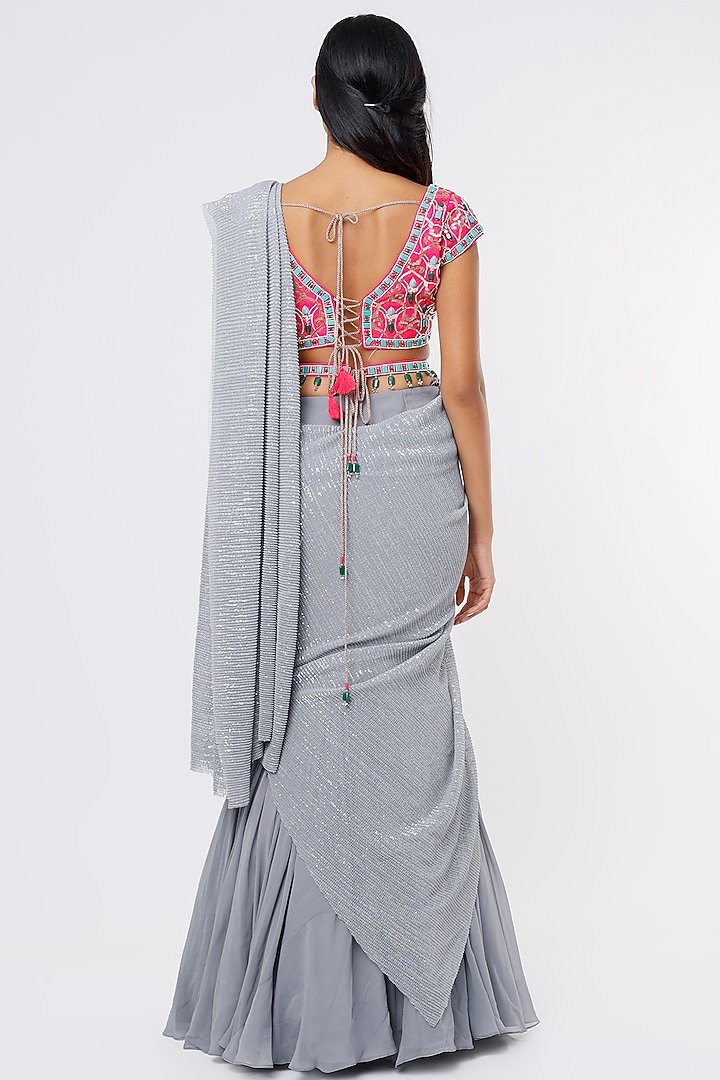 Grey Sequinned Fish Skirt Wedding Saree Set by Dinesh Malkani at Pernia's Pop Up Shop