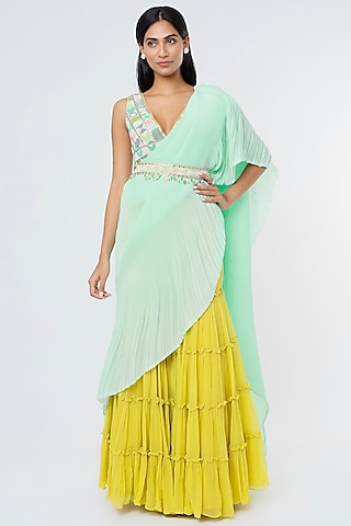 Yellow Viscose Georgette Pant Saree Set by Dinesh Malkani