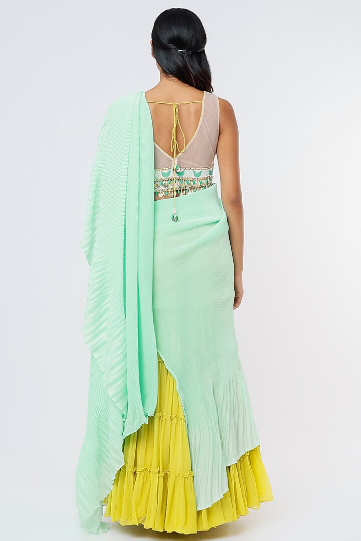 Yellow Viscose Georgette Pant Wedding Saree Set by Dinesh Malkani at Pernia's Pop Up Shop