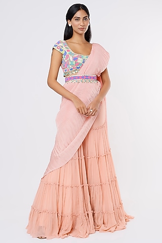 Peach Viscose Georgette Pant Saree Set by Dinesh Malkani