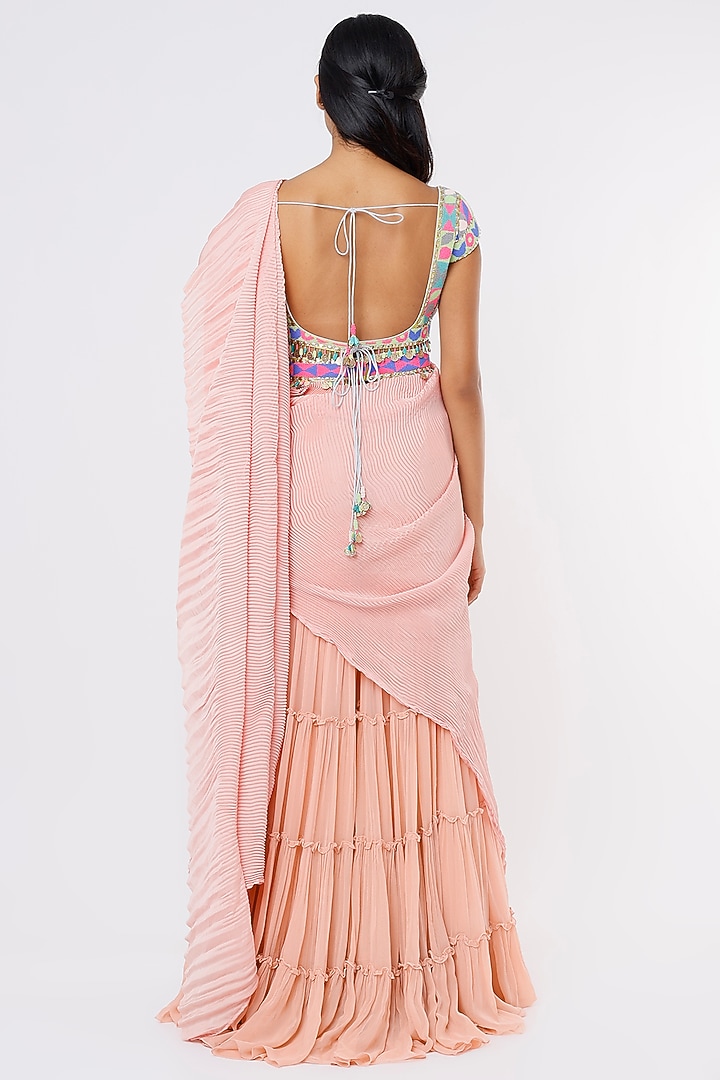 Peach Viscose Georgette Pant Wedding Saree Set by Dinesh Malkani at Pernia's Pop Up Shop