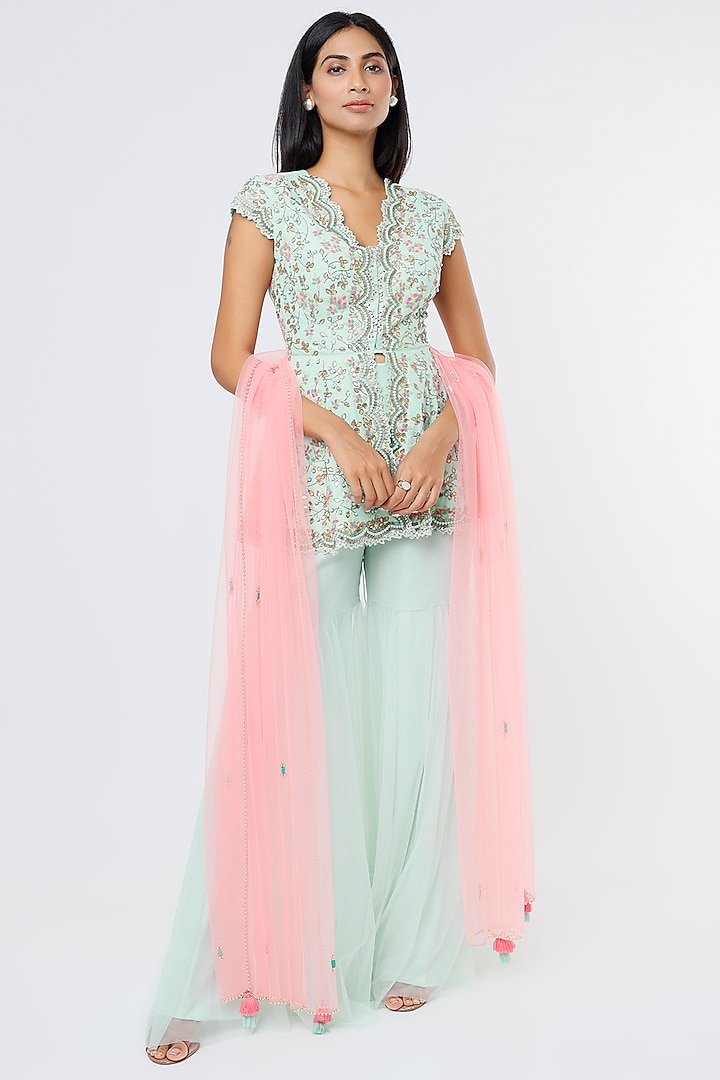 Turquoise Net Sharara Set by Dinesh Malkani at Pernia's Pop Up Shop