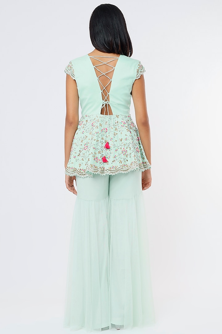 Turquoise Net Wedding Sharara Set by Dinesh Malkani at Pernia's Pop Up Shop