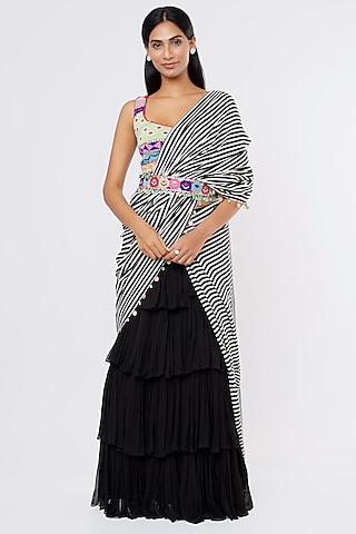 Black Viscose Georgette Flared Pant Saree Set by Dinesh Malkani