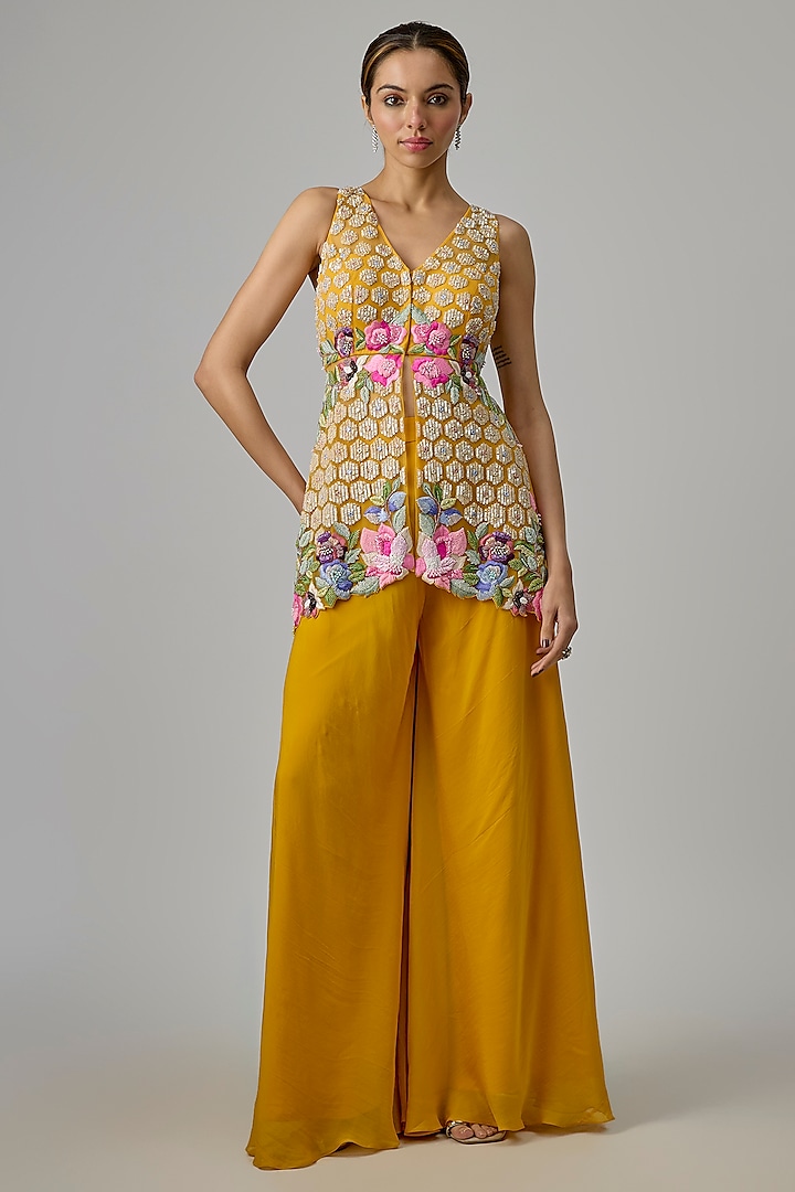 Yellow Net & Organza Flared Wedding Sharara Set by Dinesh Malkani at Pernia's Pop Up Shop