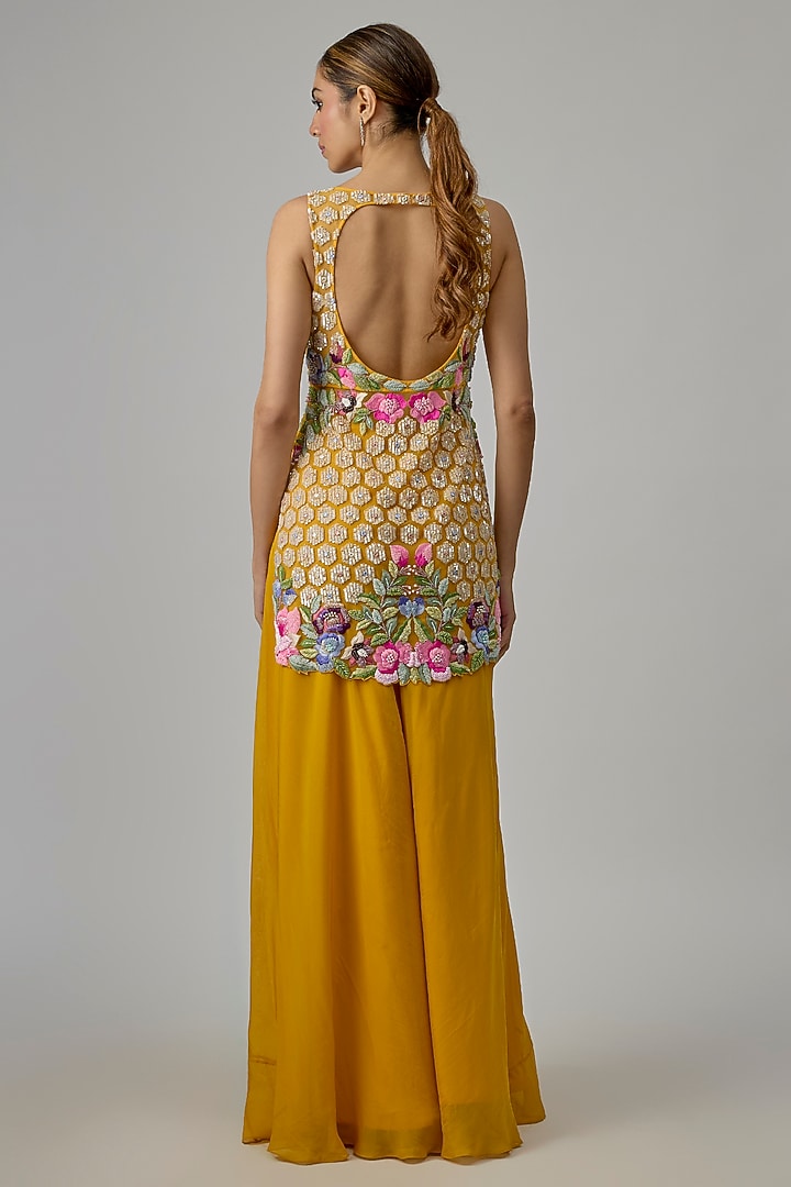 Yellow Net & Organza Flared Wedding Sharara Set by Dinesh Malkani at Pernia's Pop Up Shop