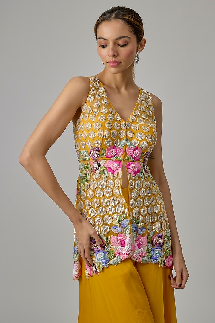 Yellow Net & Organza Flared Wedding Sharara Set by Dinesh Malkani at Pernia's Pop Up Shop
