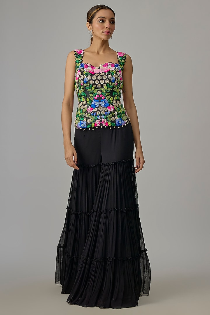 Black Silk & Georgette Tiered Wedding Sharara Set by Dinesh Malkani at Pernia's Pop Up Shop