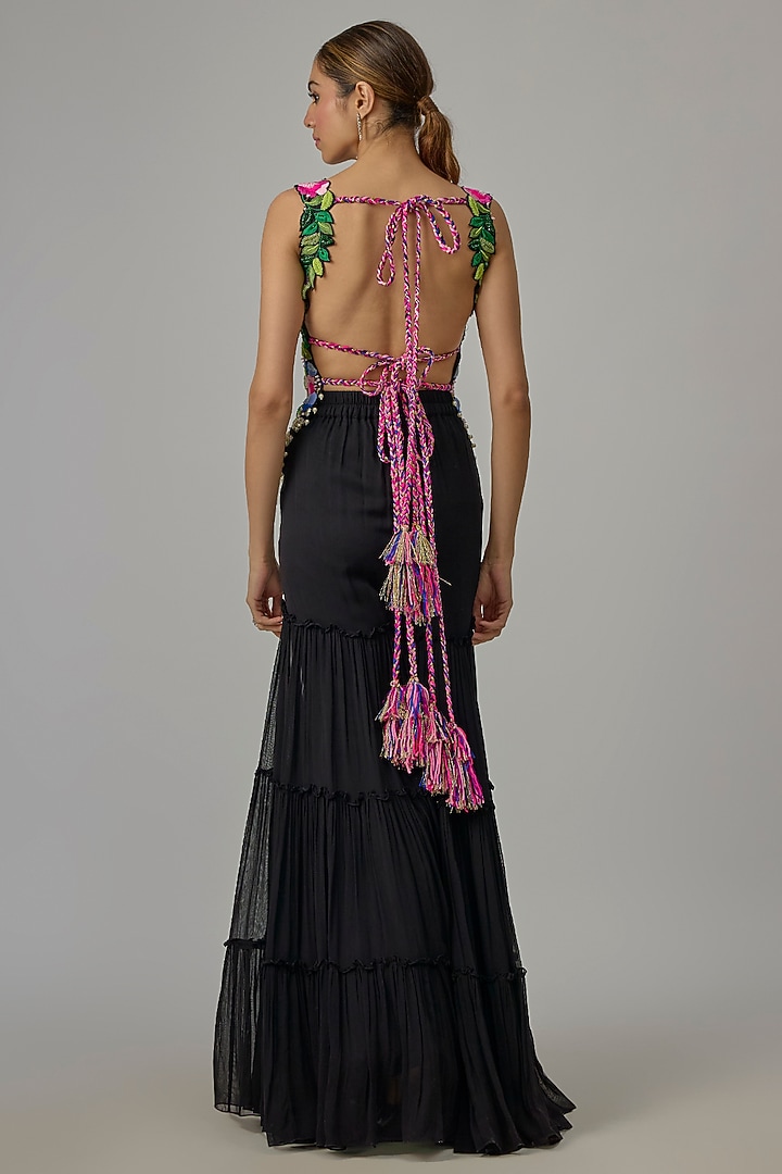 Black Silk & Georgette Tiered Wedding Sharara Set by Dinesh Malkani at Pernia's Pop Up Shop