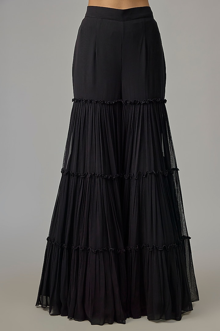 Black Silk & Georgette Tiered Wedding Sharara Set by Dinesh Malkani at Pernia's Pop Up Shop