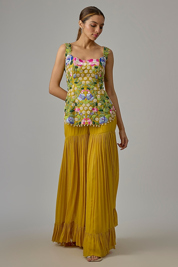 Yellow Silk & Georgette Tiered Wedding Sharara Set by Dinesh Malkani at Pernia's Pop Up Shop