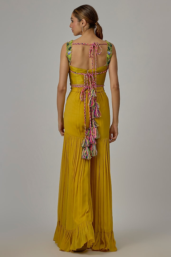 Yellow Silk & Georgette Tiered Wedding Sharara Set by Dinesh Malkani at Pernia's Pop Up Shop