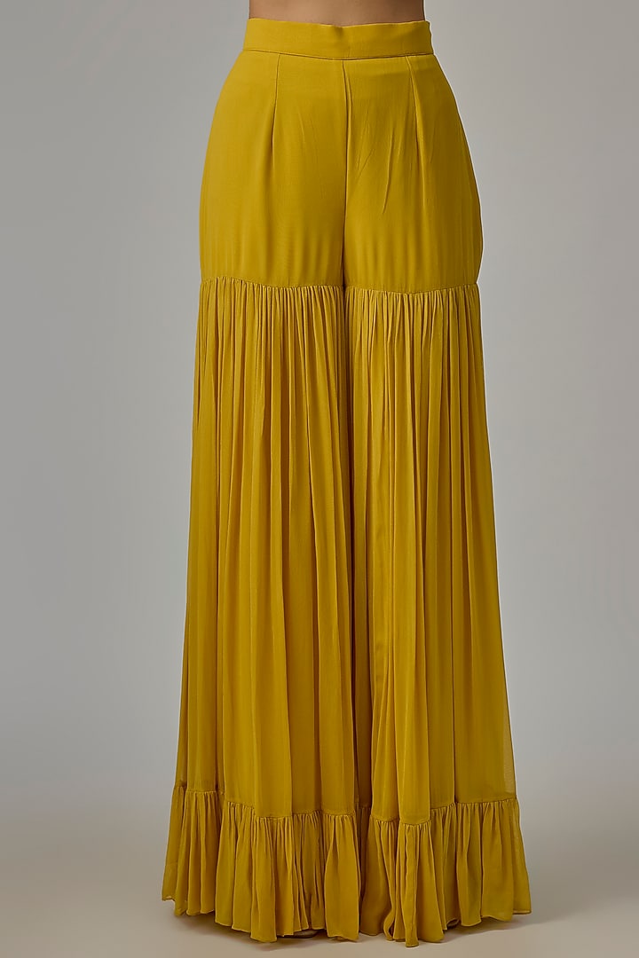 Yellow Silk & Georgette Tiered Wedding Sharara Set by Dinesh Malkani at Pernia's Pop Up Shop