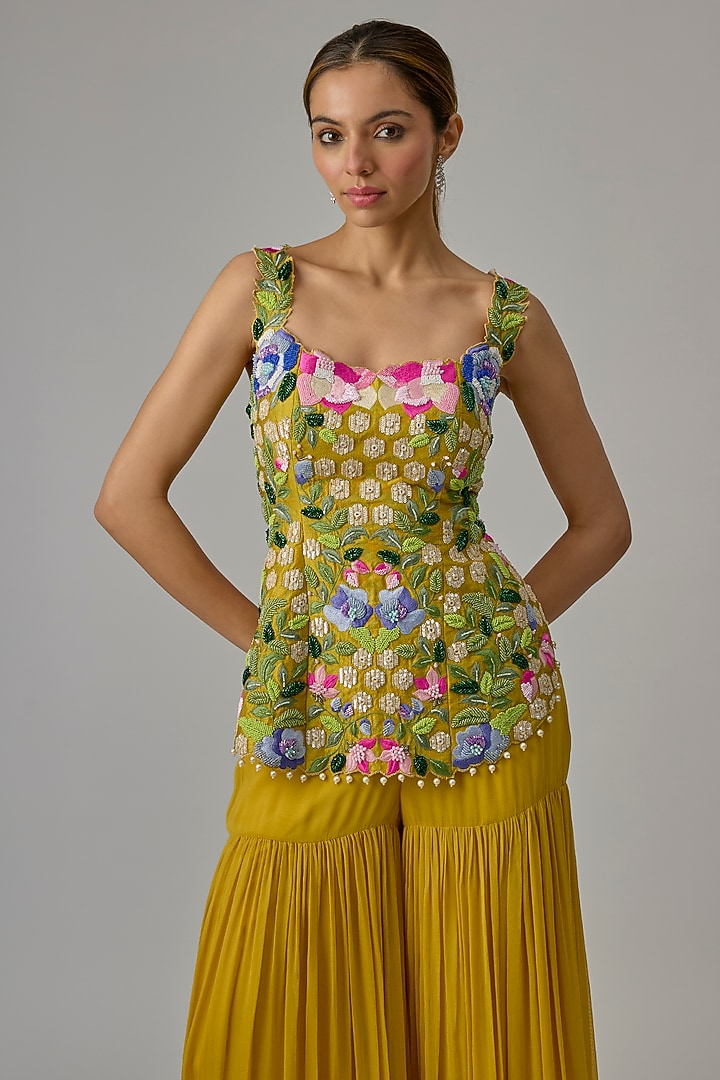 Yellow Silk & Georgette Tiered Wedding Sharara Set by Dinesh Malkani at Pernia's Pop Up Shop