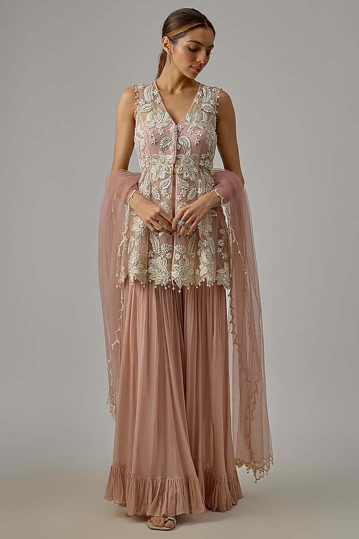 Off-White Net & Georgette Wedding Sharara Set by Dinesh Malkani at Pernia's Pop Up Shop