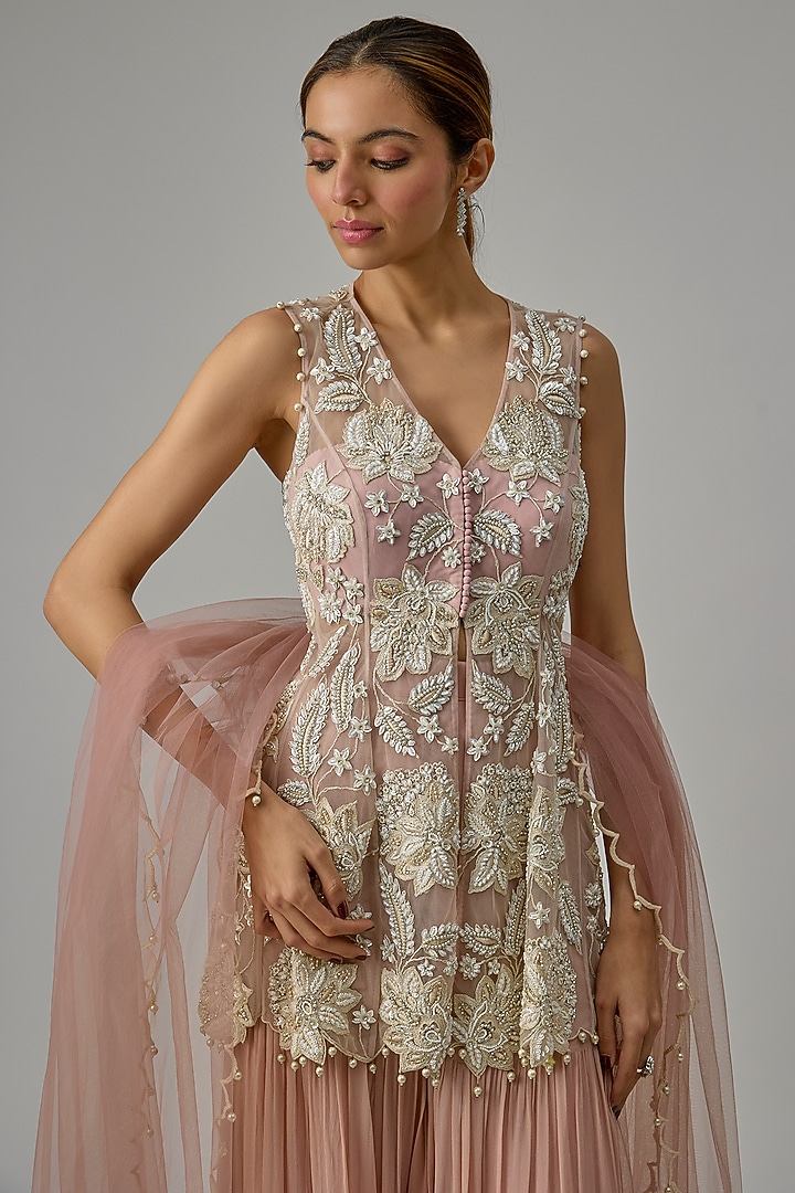 Off-White Net & Georgette Wedding Sharara Set by Dinesh Malkani at Pernia's Pop Up Shop