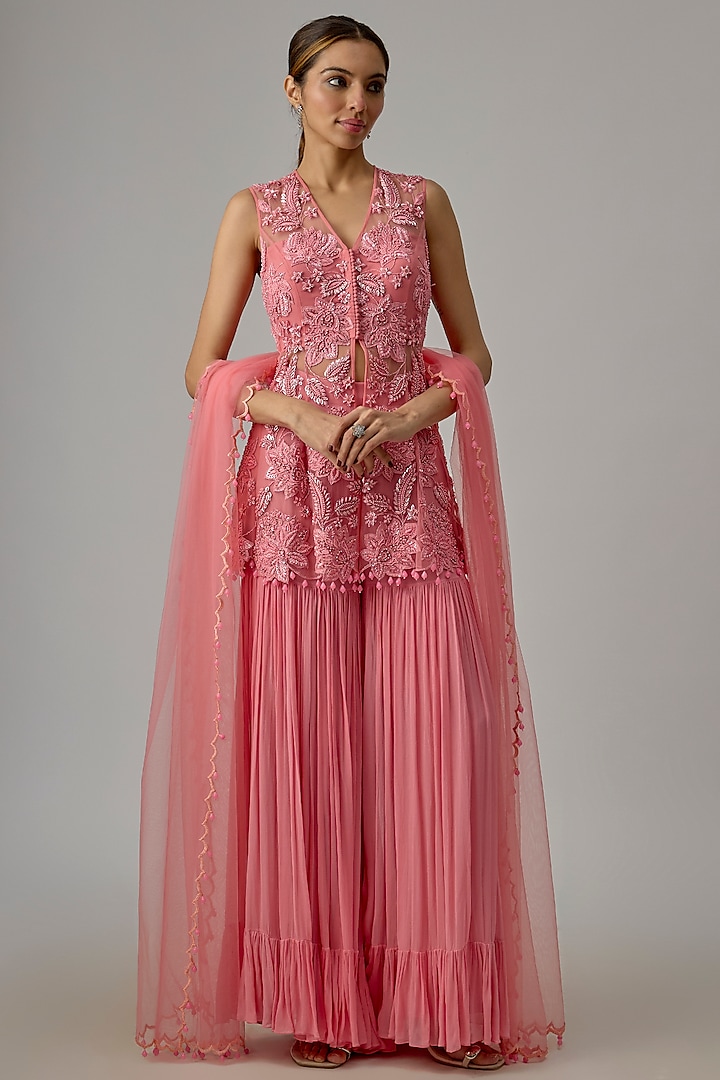 Pink Net & Georgette Wedding Sharara Set by Dinesh Malkani at Pernia's Pop Up Shop