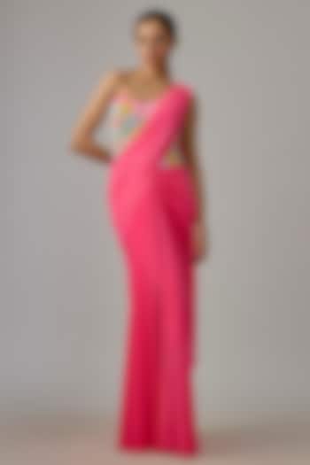 Pink Net & Lycra Draped Wedding Saree Set by Dinesh Malkani at Pernia's Pop Up Shop