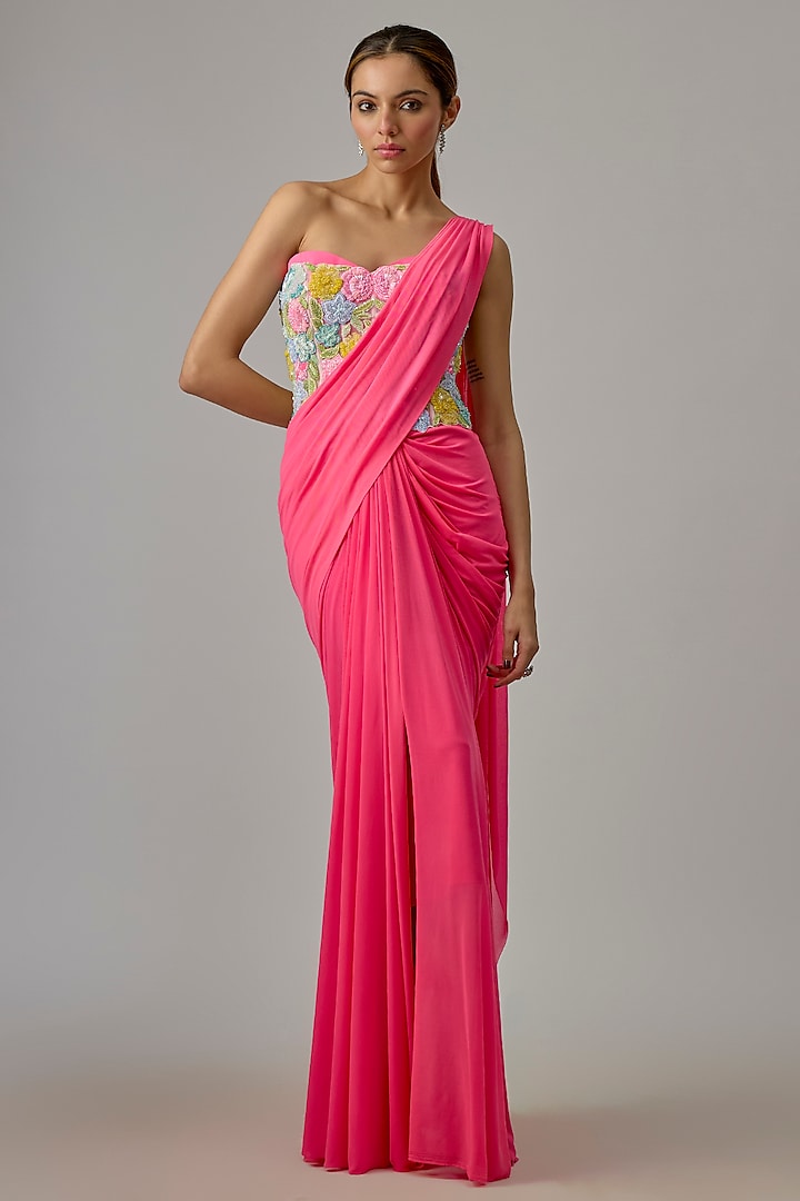 Pink Net & Lycra Draped Wedding Saree Set by Dinesh Malkani at Pernia's Pop Up Shop