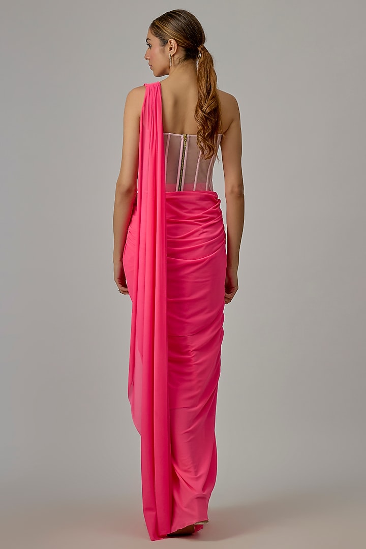 Pink Net & Lycra Draped Wedding Saree Set by Dinesh Malkani at Pernia's Pop Up Shop