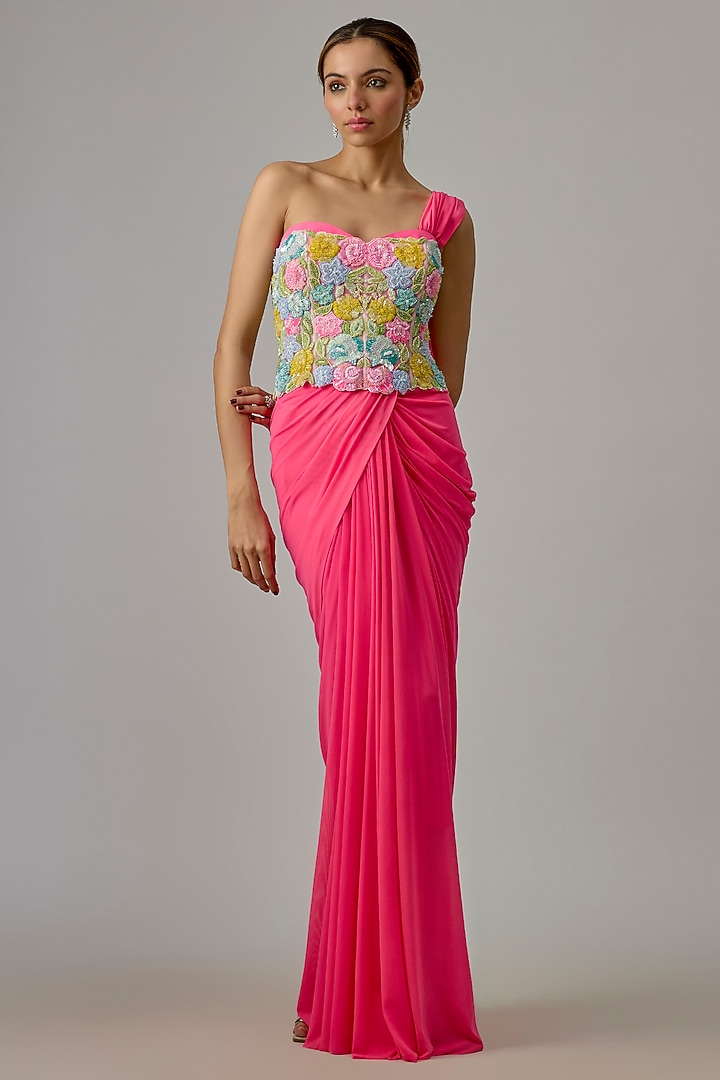Pink Net & Lycra Draped Wedding Saree Set by Dinesh Malkani at Pernia's Pop Up Shop