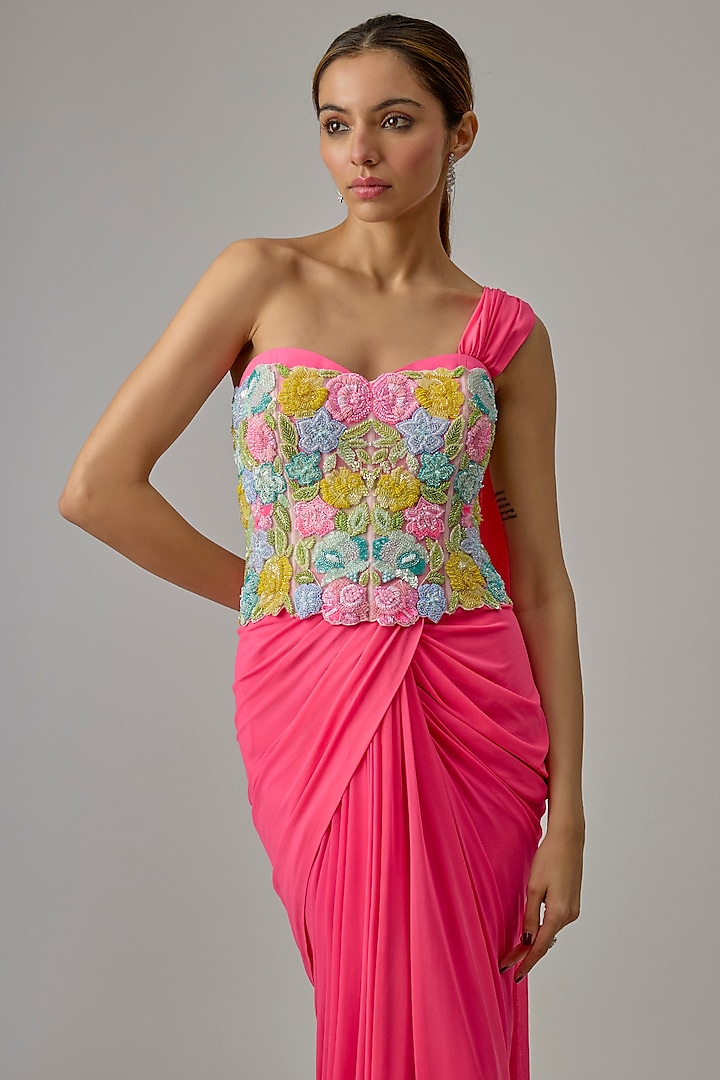 Pink Net & Lycra Draped Wedding Saree Set by Dinesh Malkani at Pernia's Pop Up Shop