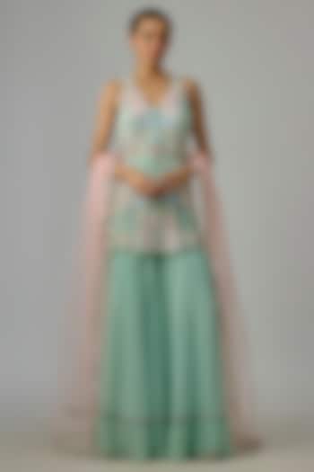 Jade Green Net & Georgette Wedding Sharara Set by Dinesh Malkani at Pernia's Pop Up Shop