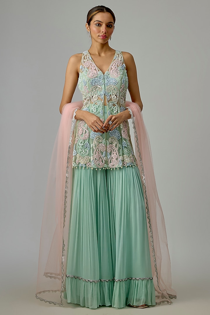Jade Green Net & Georgette Wedding Sharara Set by Dinesh Malkani at Pernia's Pop Up Shop