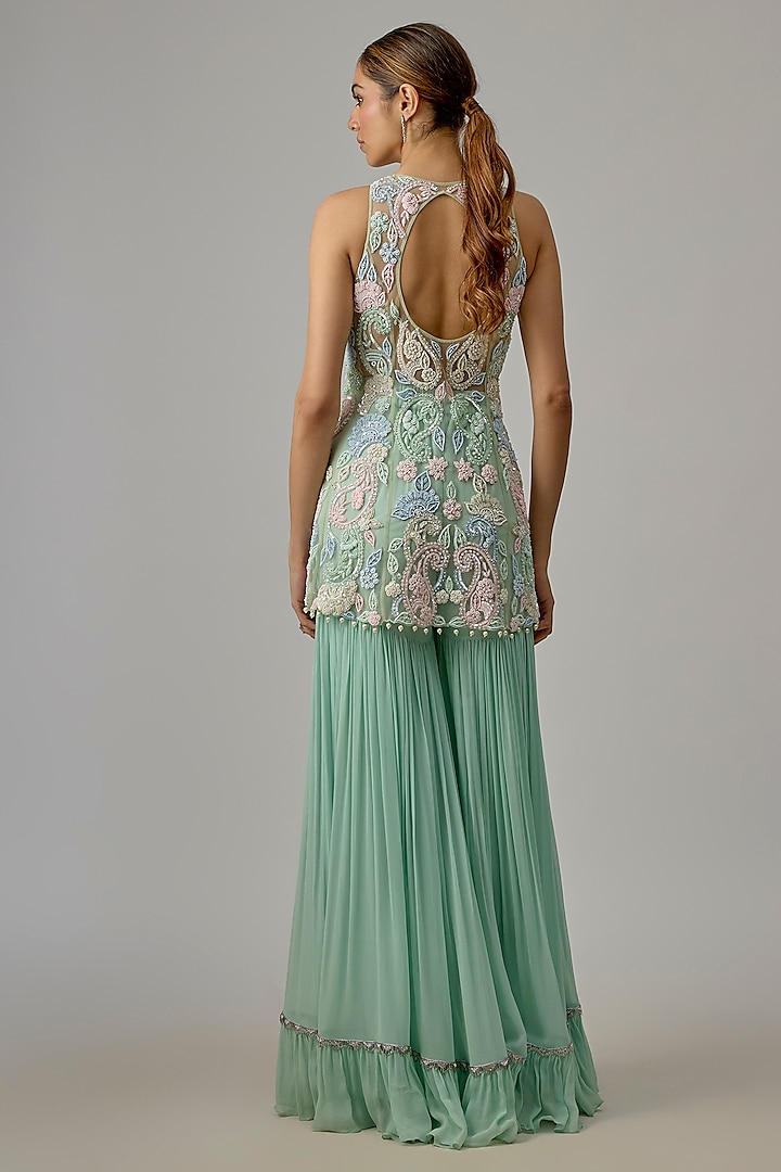 Jade Green Net & Georgette Wedding Sharara Set by Dinesh Malkani at Pernia's Pop Up Shop