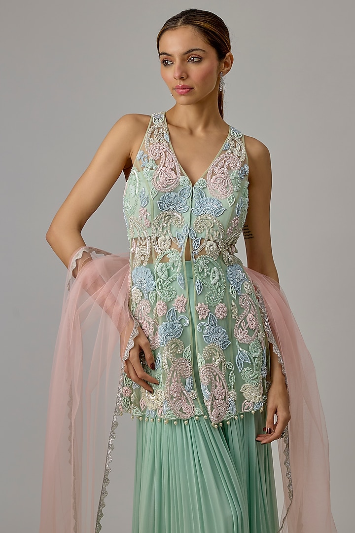 Jade Green Net & Georgette Wedding Sharara Set by Dinesh Malkani at Pernia's Pop Up Shop