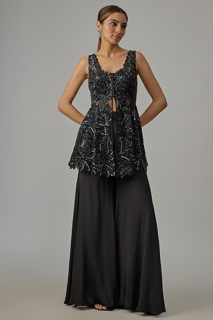 Black Net & Georgette Wedding Sharara Set by Dinesh Malkani at Pernia's Pop Up Shop