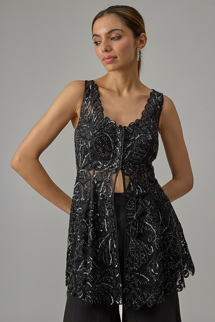 Black Net & Georgette Wedding Sharara Set by Dinesh Malkani at Pernia's Pop Up Shop