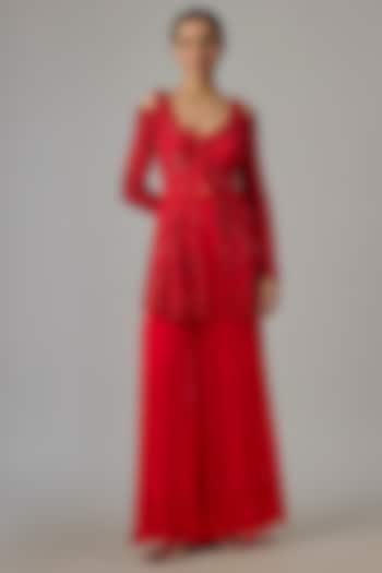 Red Net & Georgette Wedding Sharara Set by Dinesh Malkani at Pernia's Pop Up Shop